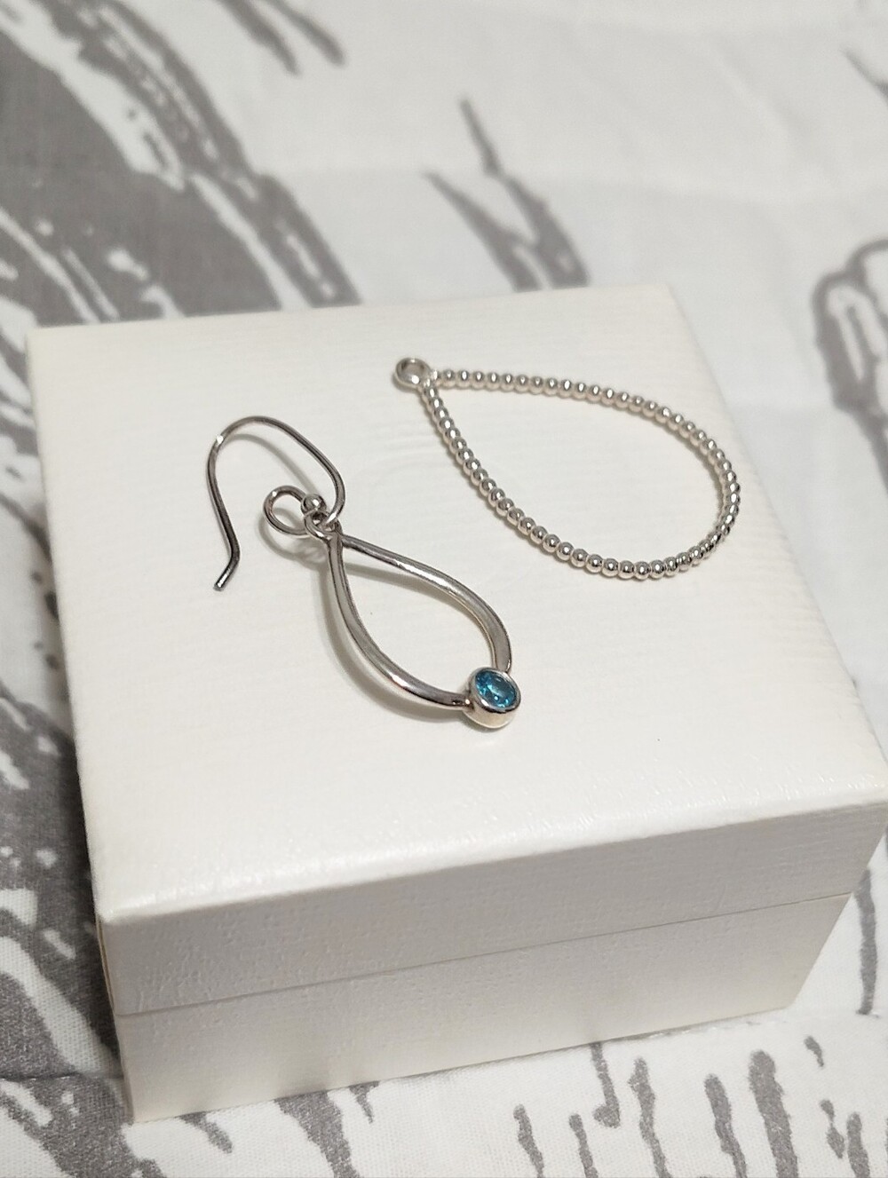 Pandora "Compose" 925 Sterling Silver Double Drop Earrings w/Blue Topaz Stones - Picture 4 of 5